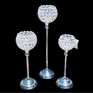 3 silver crystal globe candlestick holders. Great for weddings, holidays & home